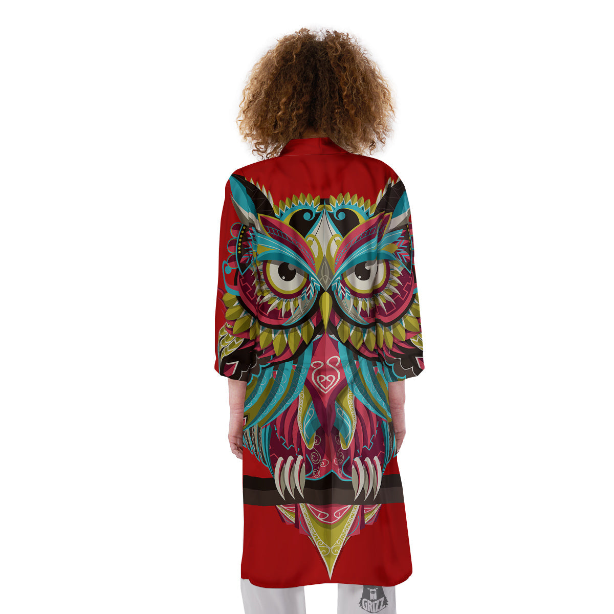 Red Colorful Owl Print Kimono-grizzshop