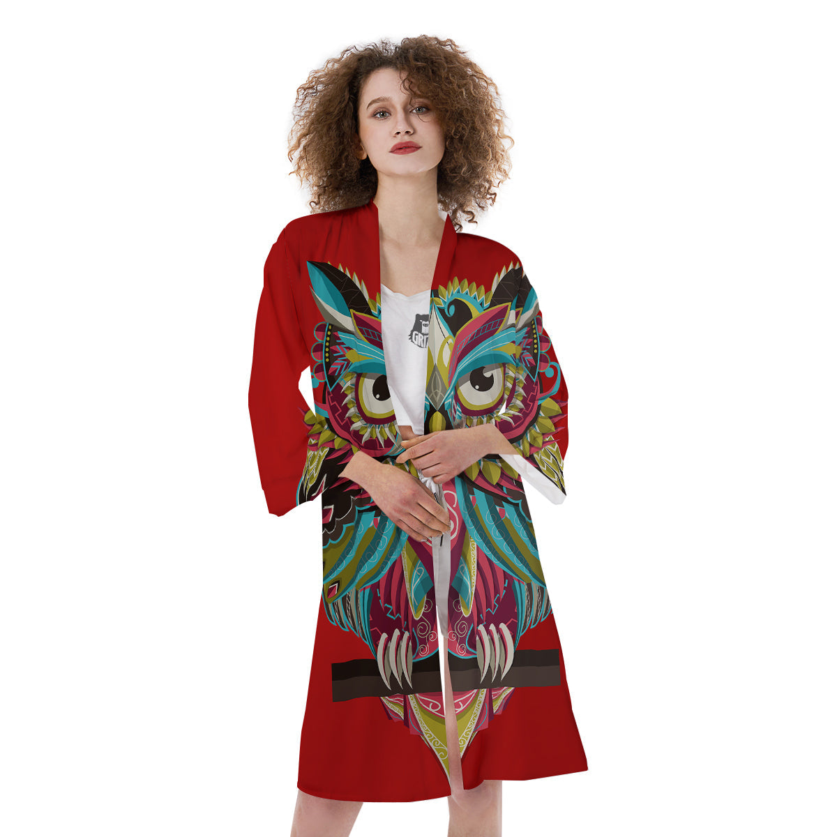 Red Colorful Owl Print Kimono-grizzshop