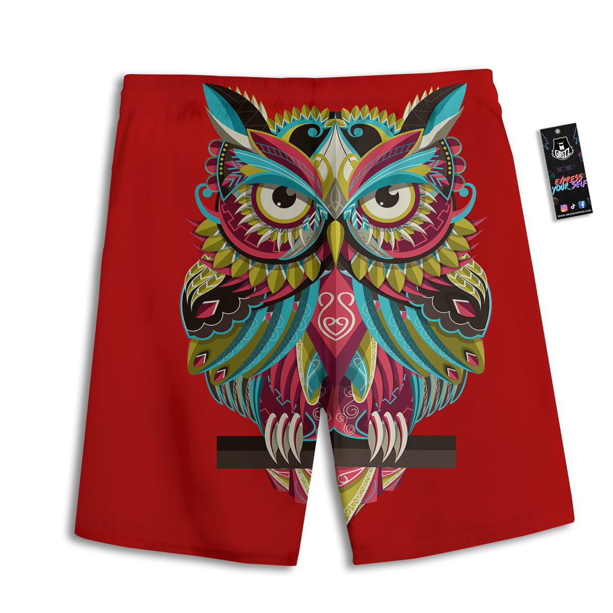 Red Colorful Owl Print Men's Athletic Shorts