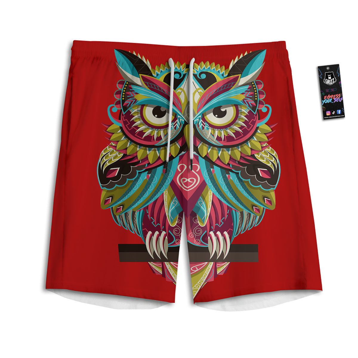 Red Colorful Owl Print Men's Athletic Shorts