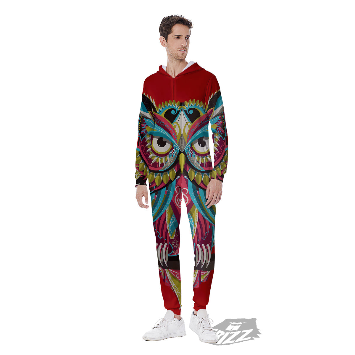 Red Colorful Owl Print Men's Jumpsuit-grizzshop