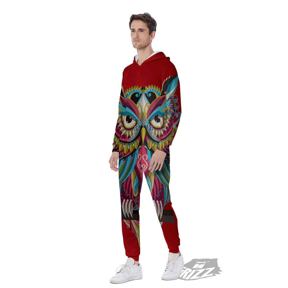 Red Colorful Owl Print Men's Jumpsuit-grizzshop