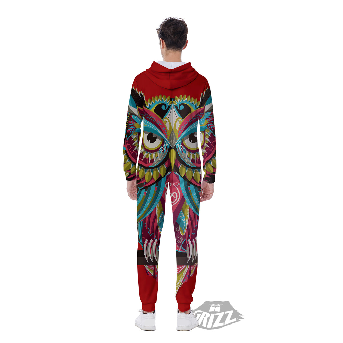 Red Colorful Owl Print Men's Jumpsuit-grizzshop