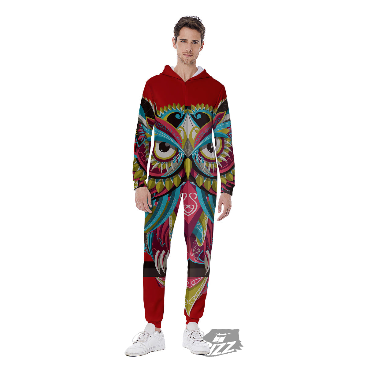Red Colorful Owl Print Men's Jumpsuit-grizzshop