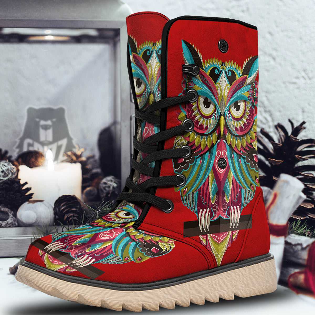 Red Colorful Owl Print Snow Boots-grizzshop