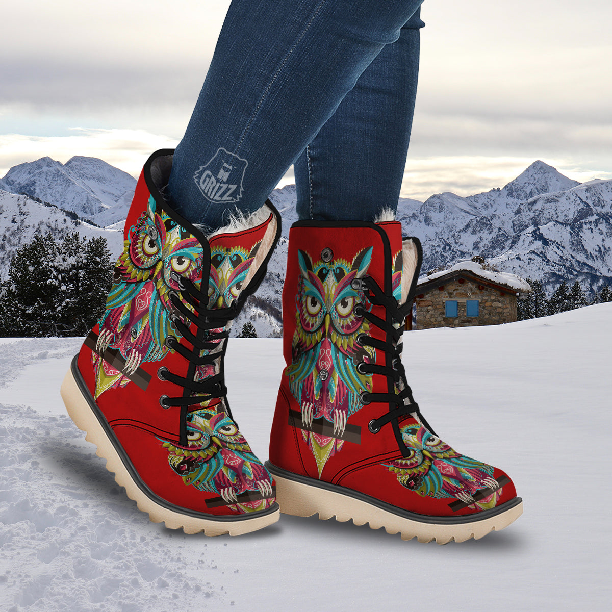 Red Colorful Owl Print Snow Boots-grizzshop