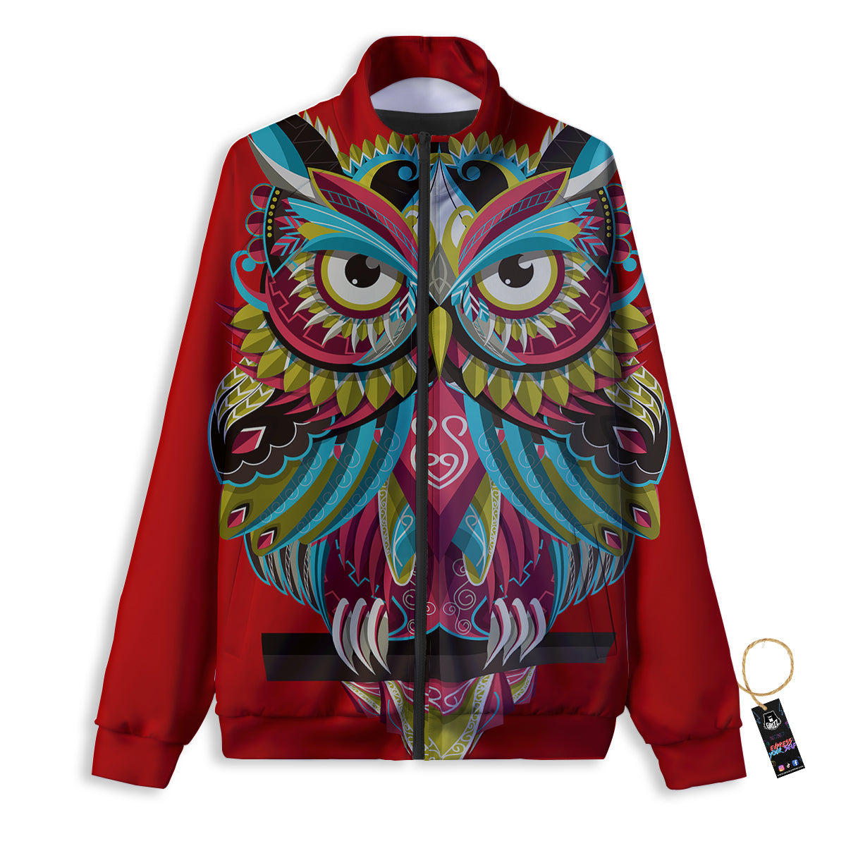 Red Colorful Owl Print Track Jacket-grizzshop