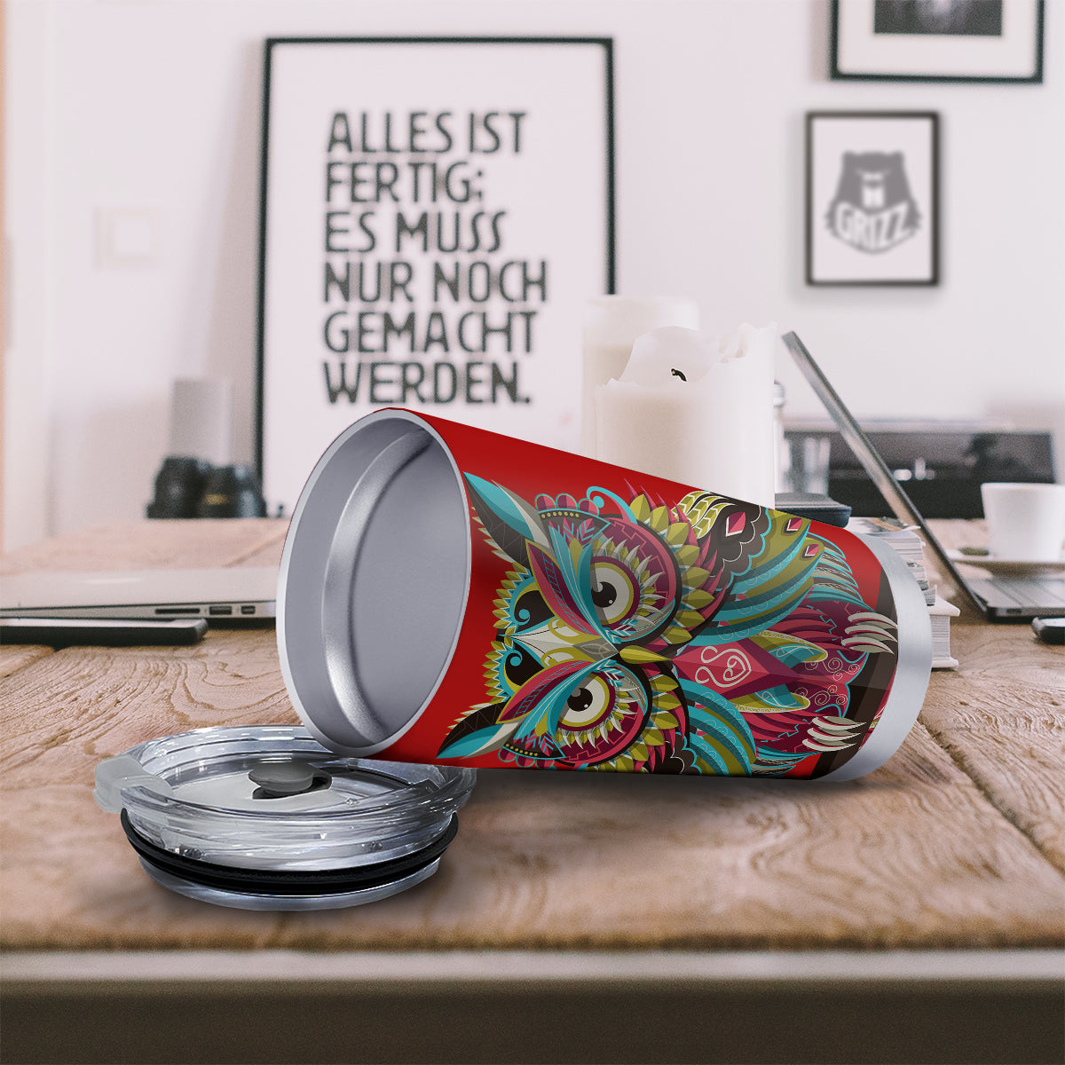 Red Colorful Owl Print Tumbler-grizzshop