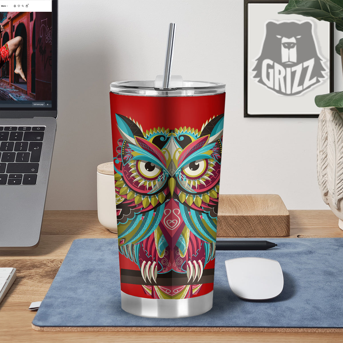 Red Colorful Owl Print Tumbler-grizzshop