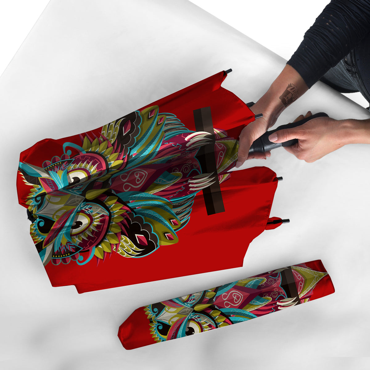 Red Colorful Owl Print Umbrella-grizzshop