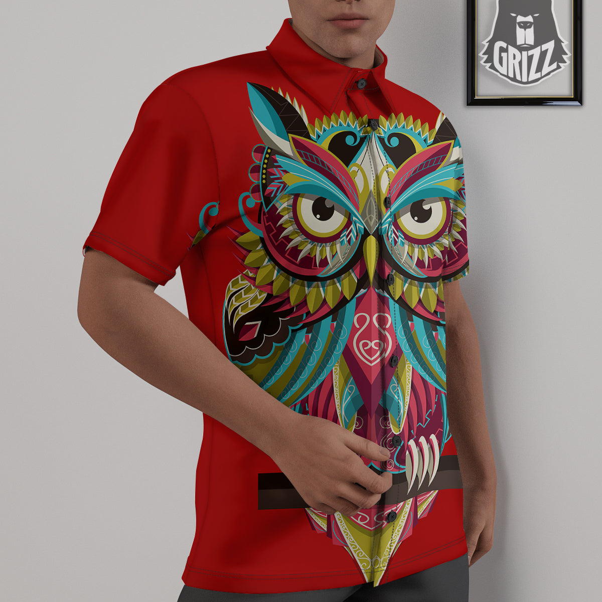 Red Colorful Owl Print Untucked Shirts-grizzshop