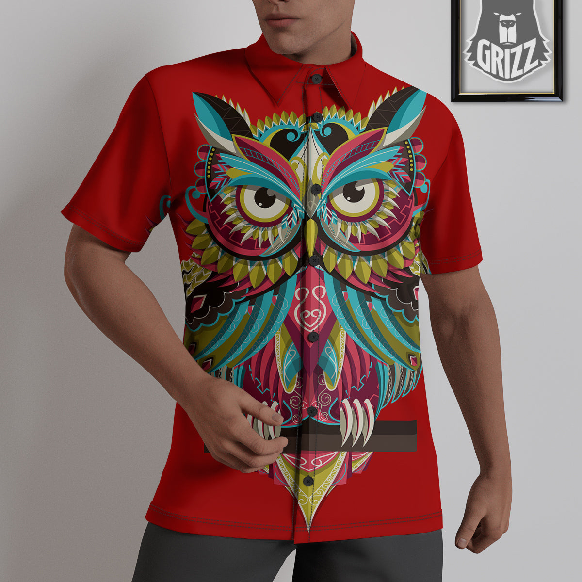 Red Colorful Owl Print Untucked Shirts-grizzshop