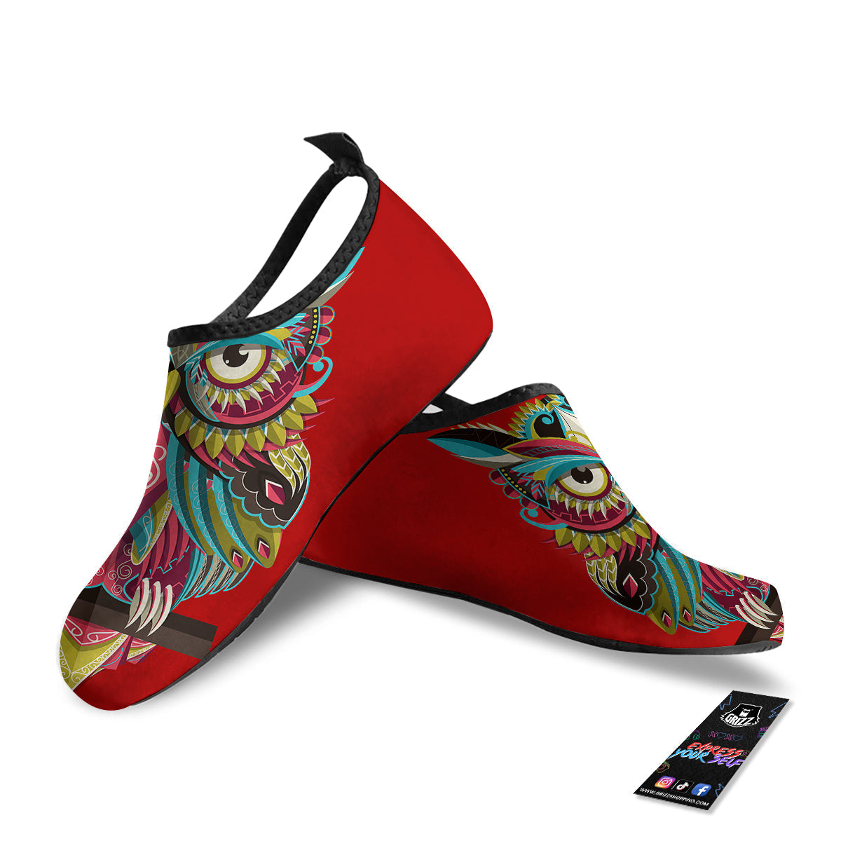 Red Colorful Owl Print Water Shoes-grizzshop