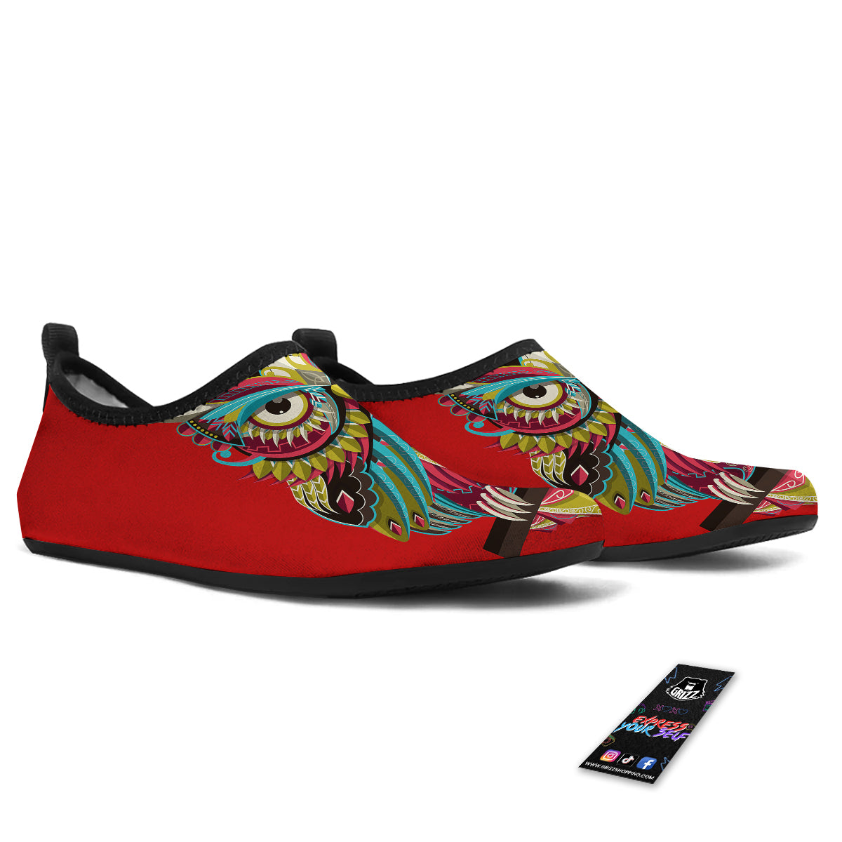 Red Colorful Owl Print Water Shoes-grizzshop