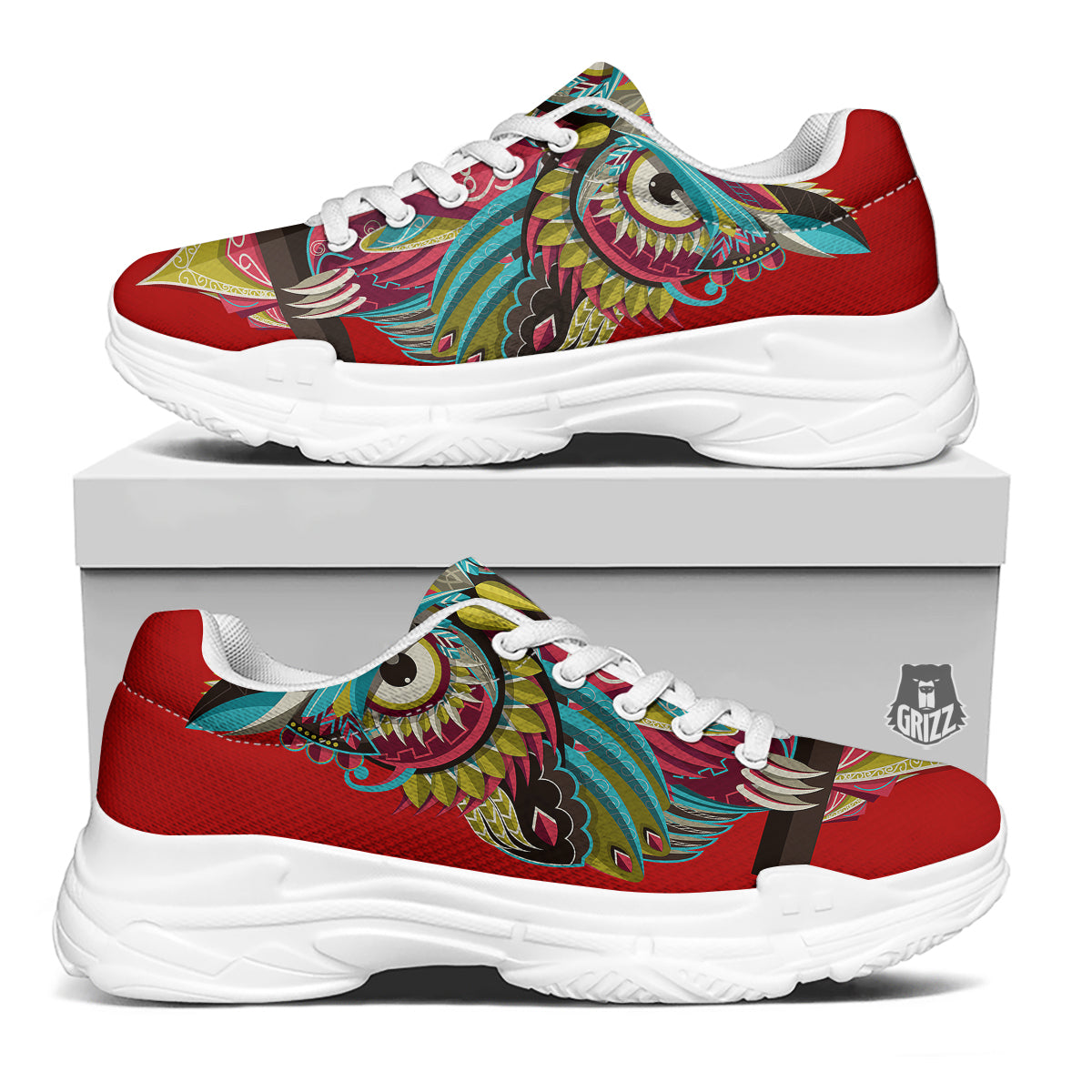 Red Colorful Owl Print White Chunky Shoes-grizzshop