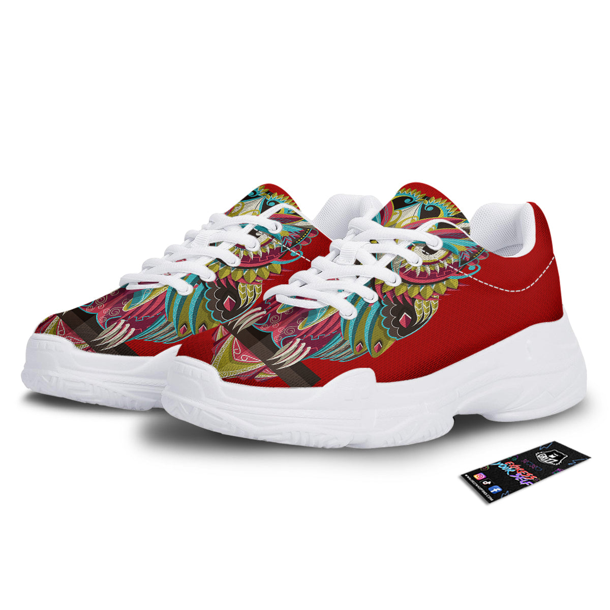 Red Colorful Owl Print White Chunky Shoes-grizzshop
