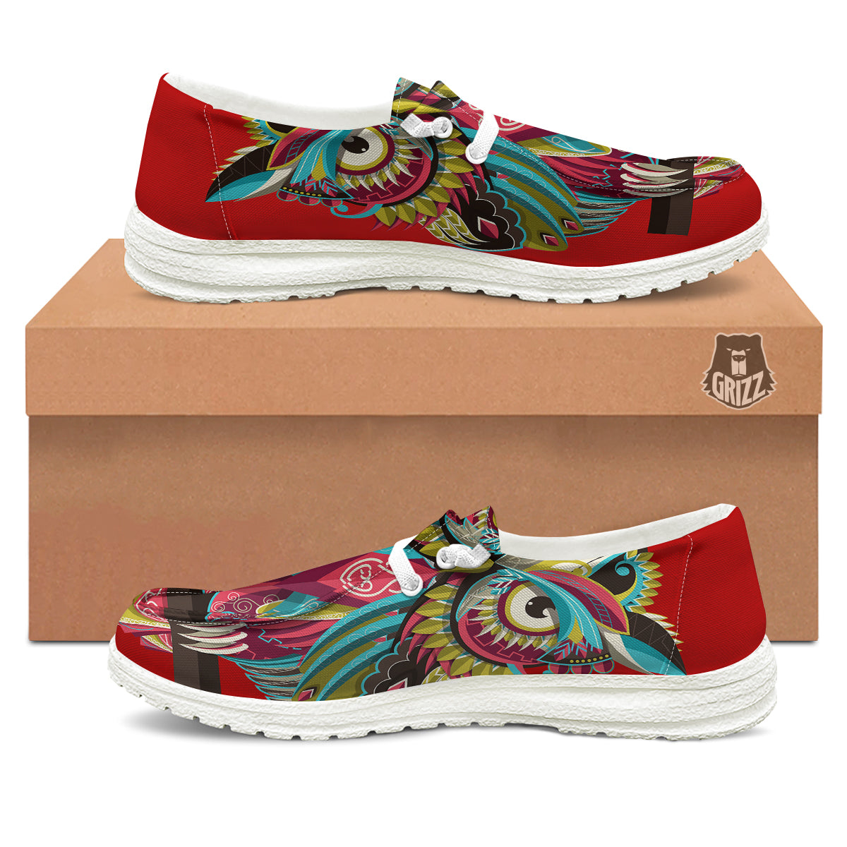 Red Colorful Owl Print White Loafers-grizzshop