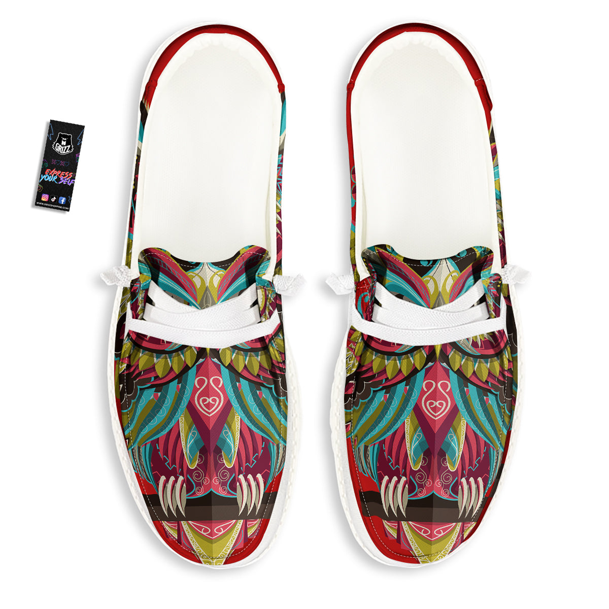 Red Colorful Owl Print White Loafers-grizzshop
