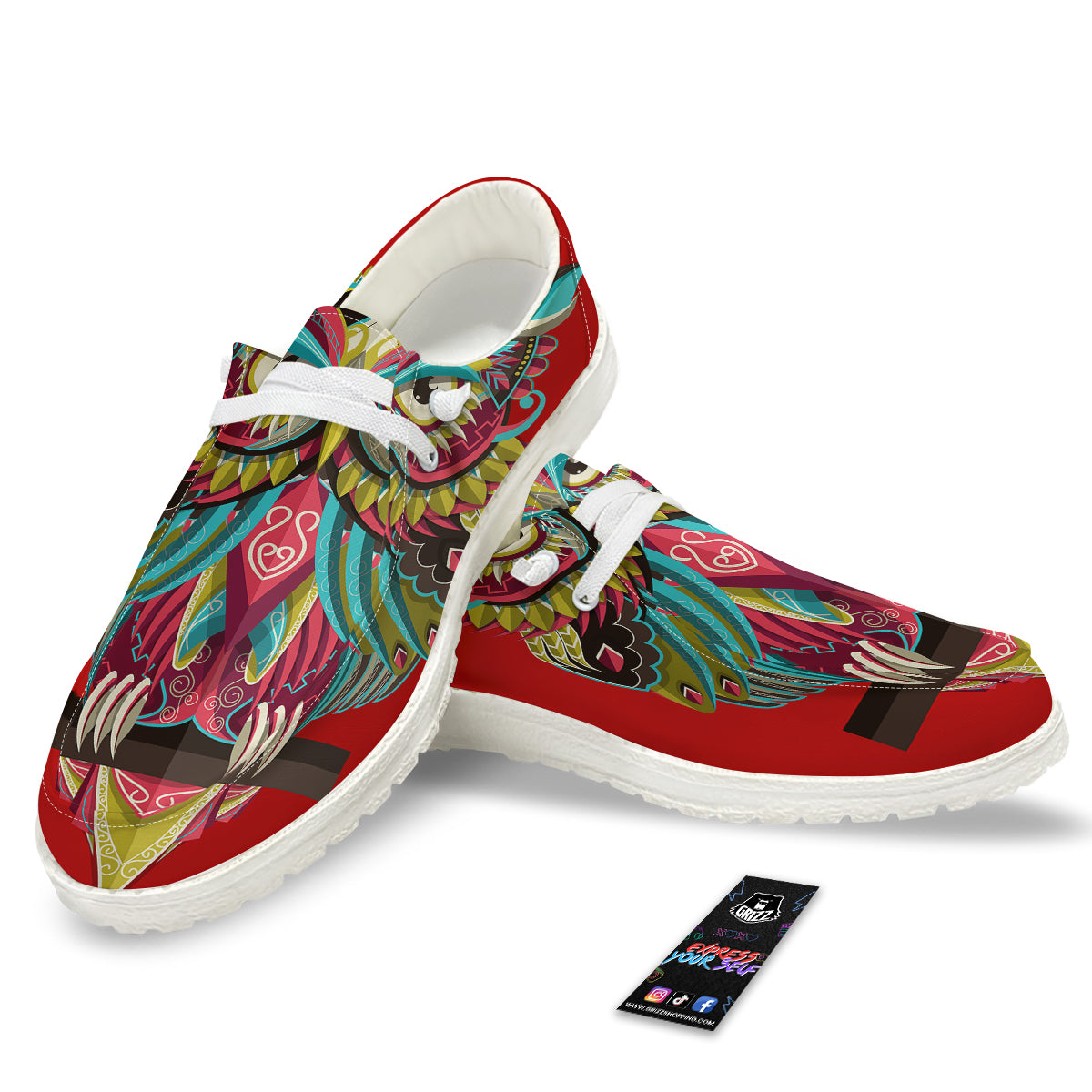Red Colorful Owl Print White Loafers-grizzshop