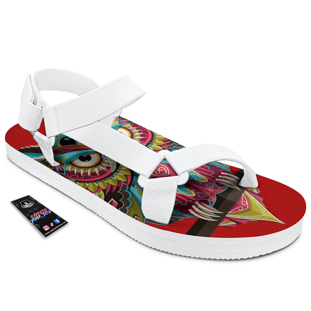 Red Colorful Owl Print White Open Toe Sandals-grizzshop