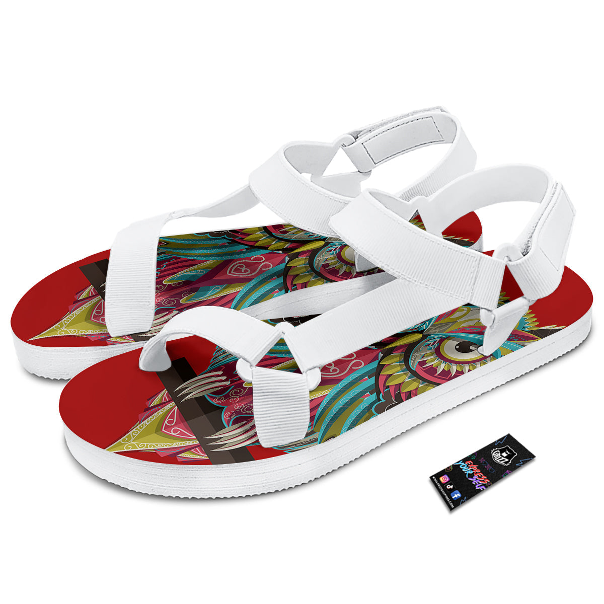 Red Colorful Owl Print White Open Toe Sandals-grizzshop