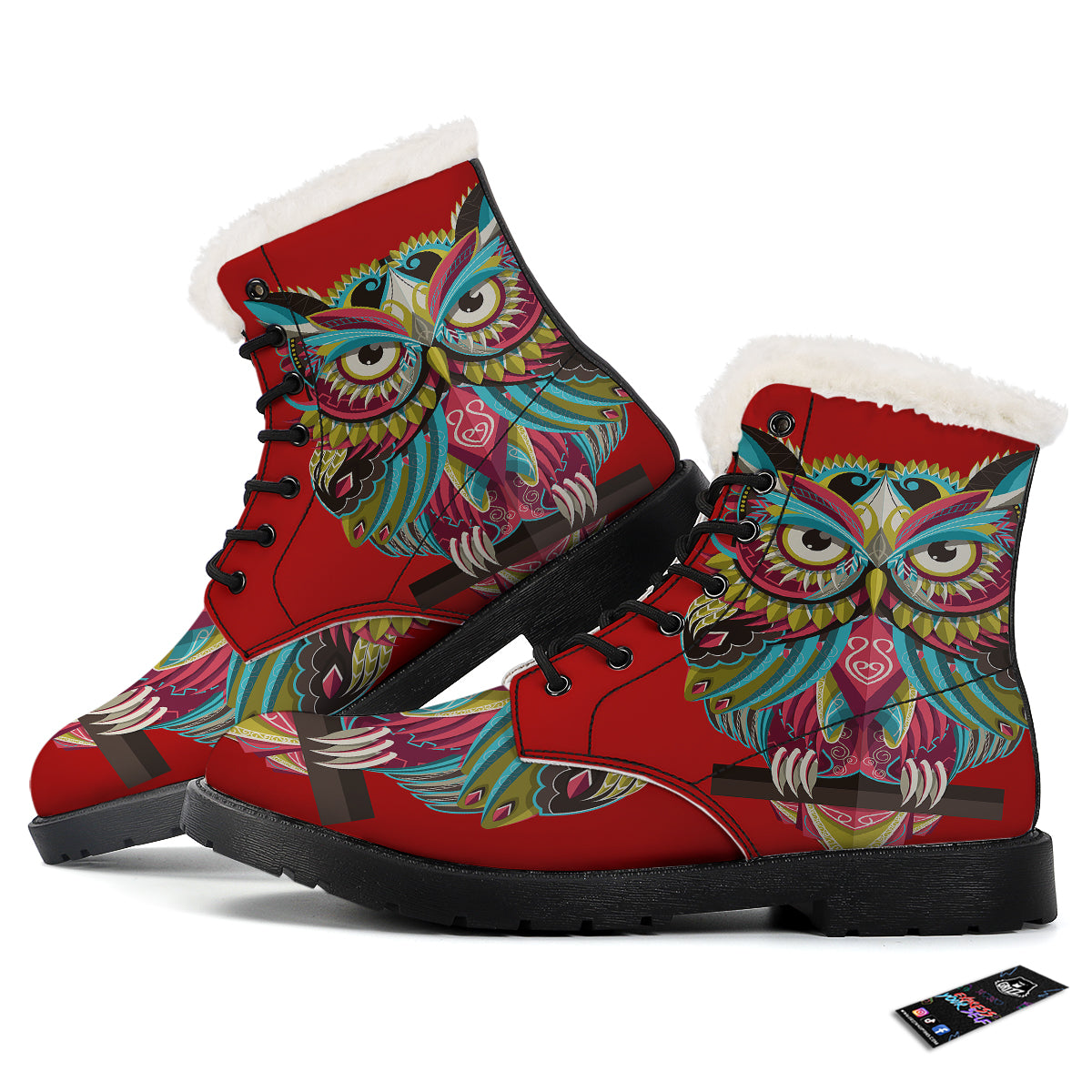 Red Colorful Owl Print Winter Boots-grizzshop