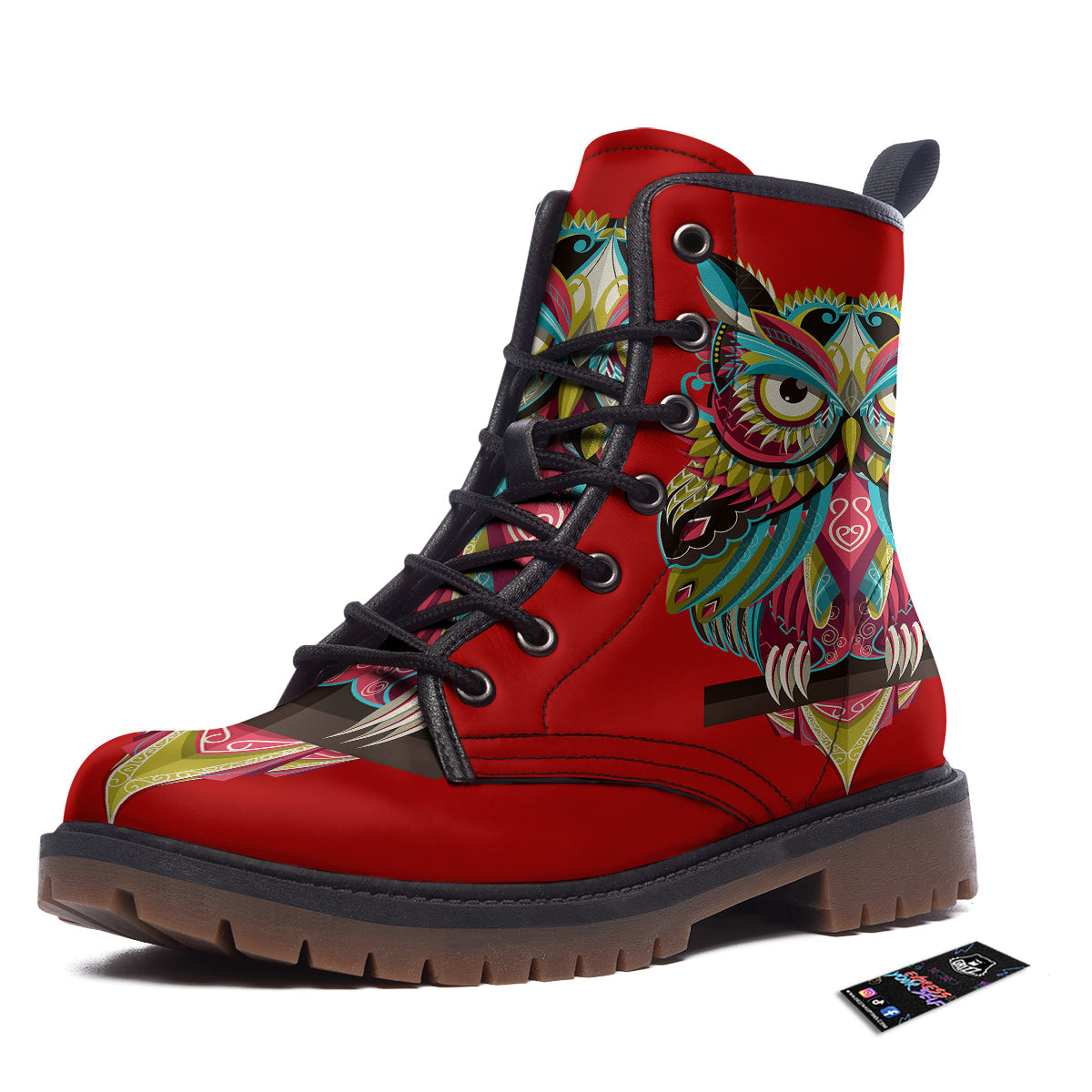 Red Colorful Owl Print Work Boots-grizzshop