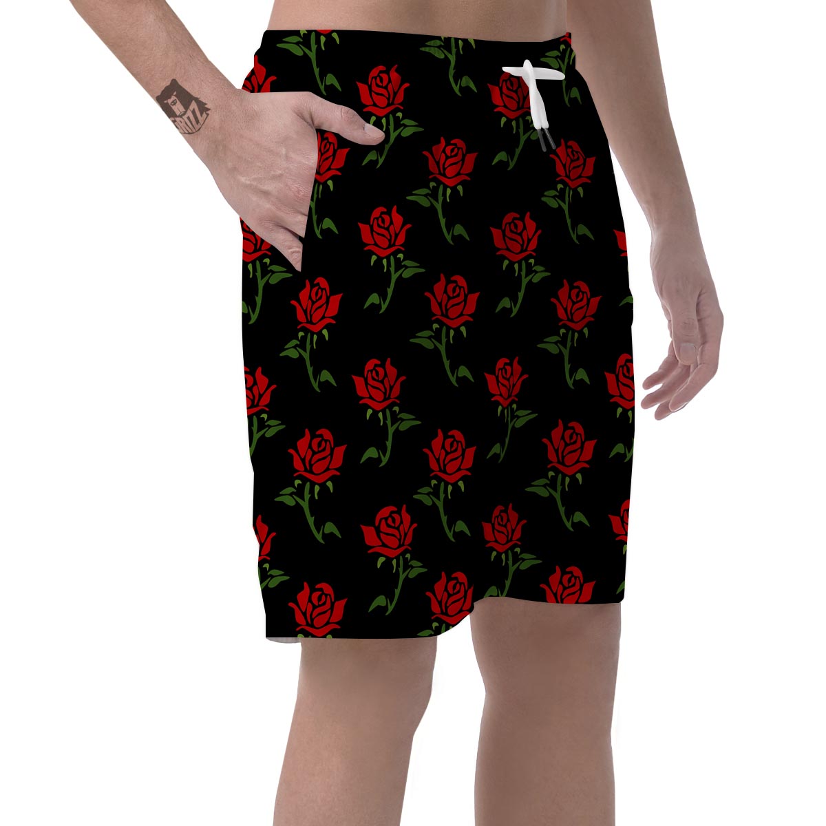 Red Doodle Rose Floral Men's Shorts-grizzshop