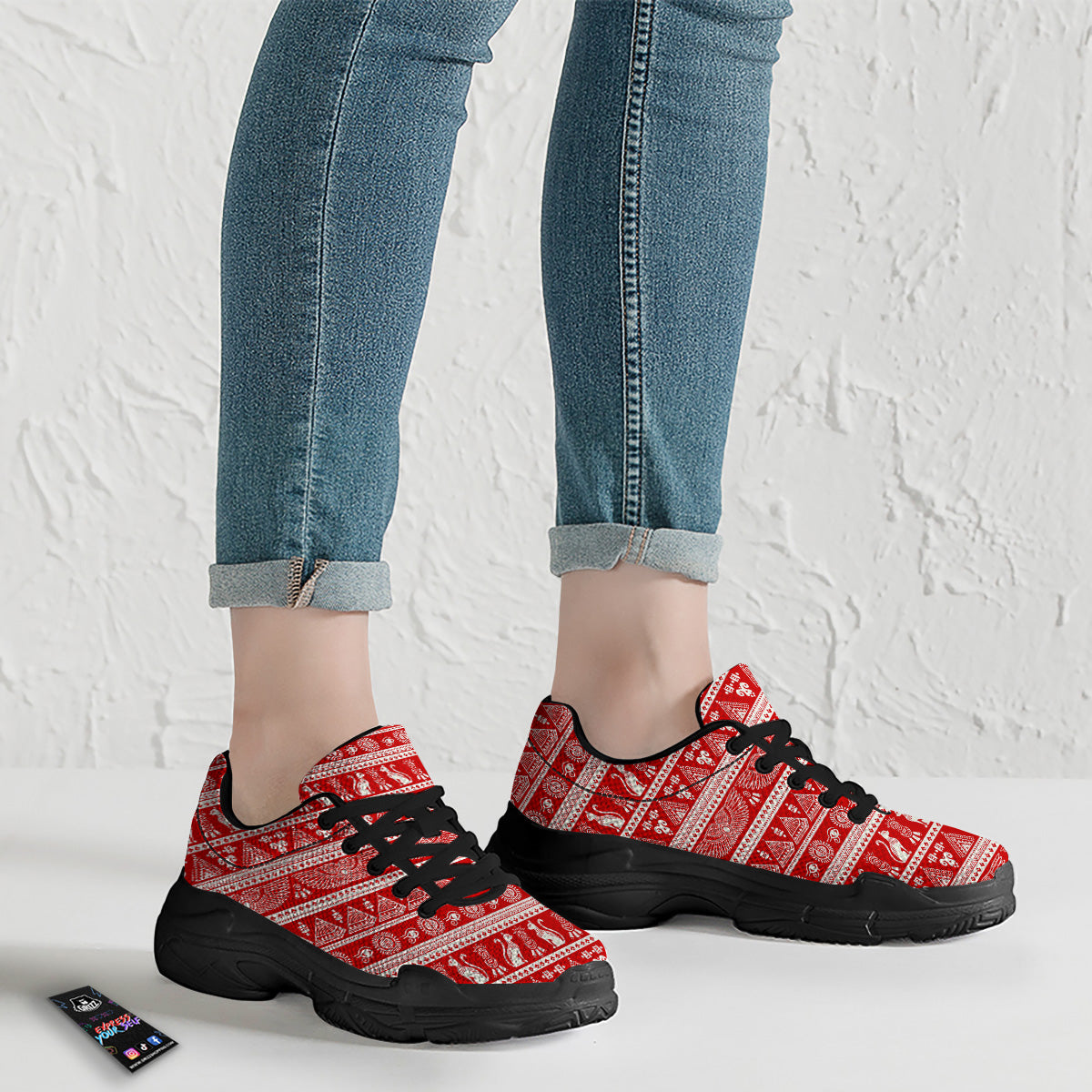Red Egypt Symbol Print Pattern Black Chunky Shoes-grizzshop