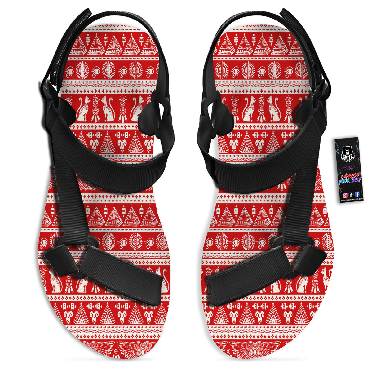 Red Egypt Symbol Print Pattern Black Open Toe Sandals-grizzshop