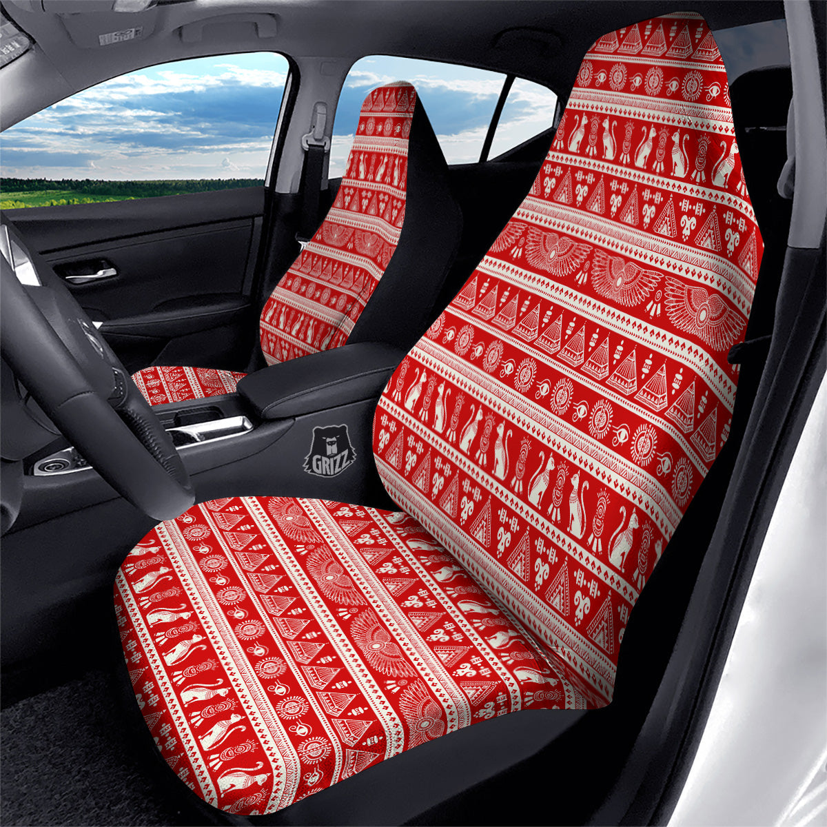 Red Egypt Symbol Print Pattern Car Seat Covers-grizzshop