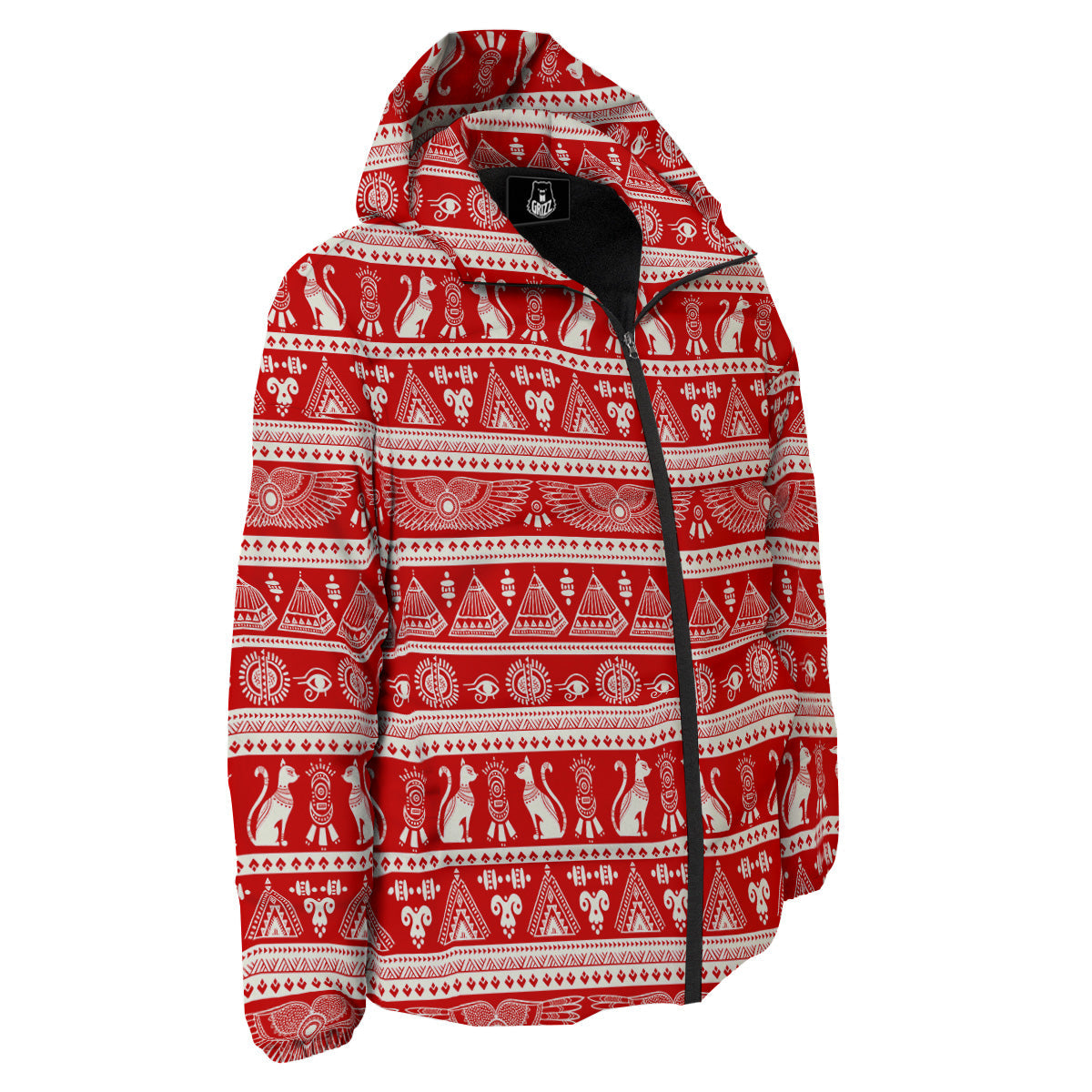 Red Egypt Symbol Print Pattern Down Jacket-grizzshop