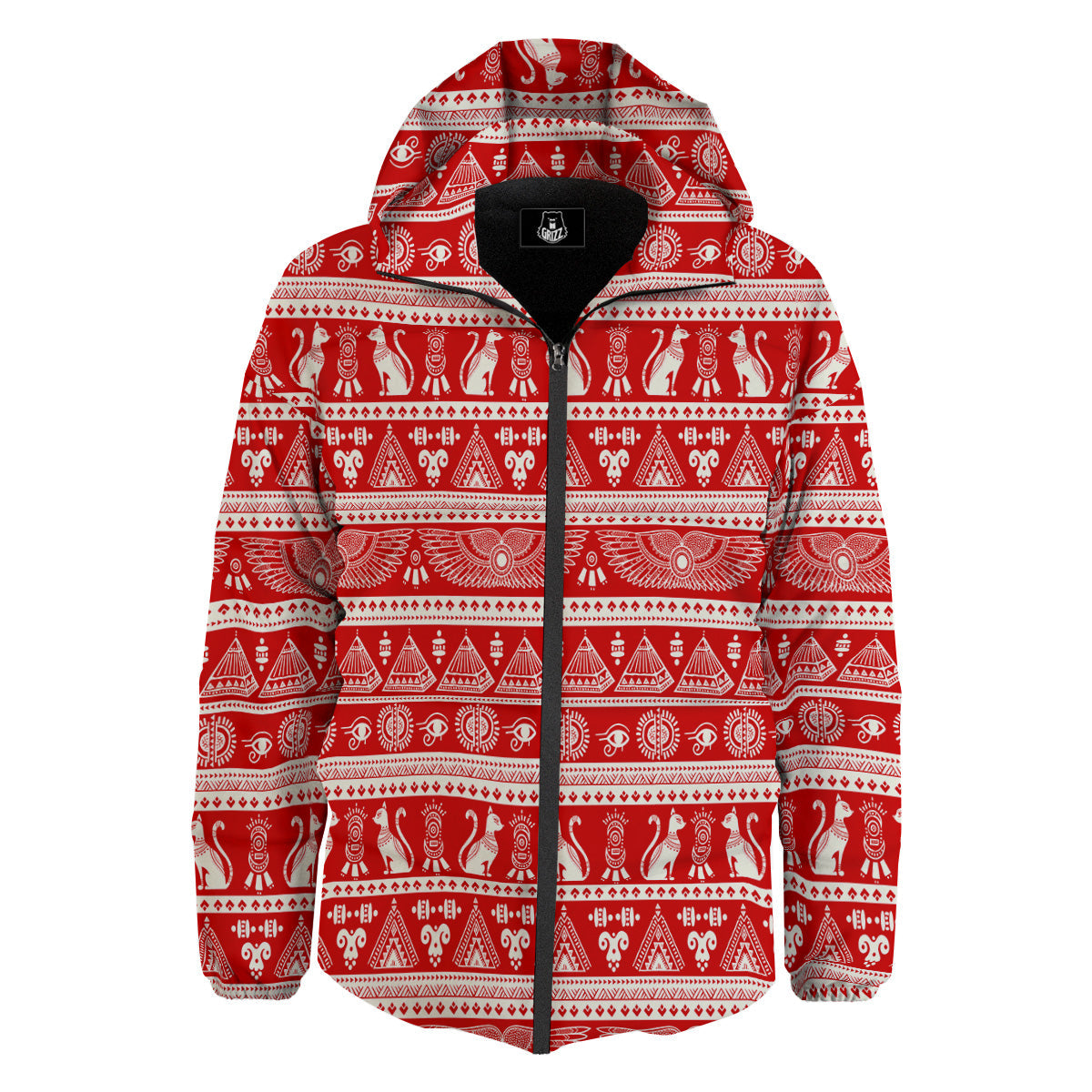 Red Egypt Symbol Print Pattern Down Jacket-grizzshop