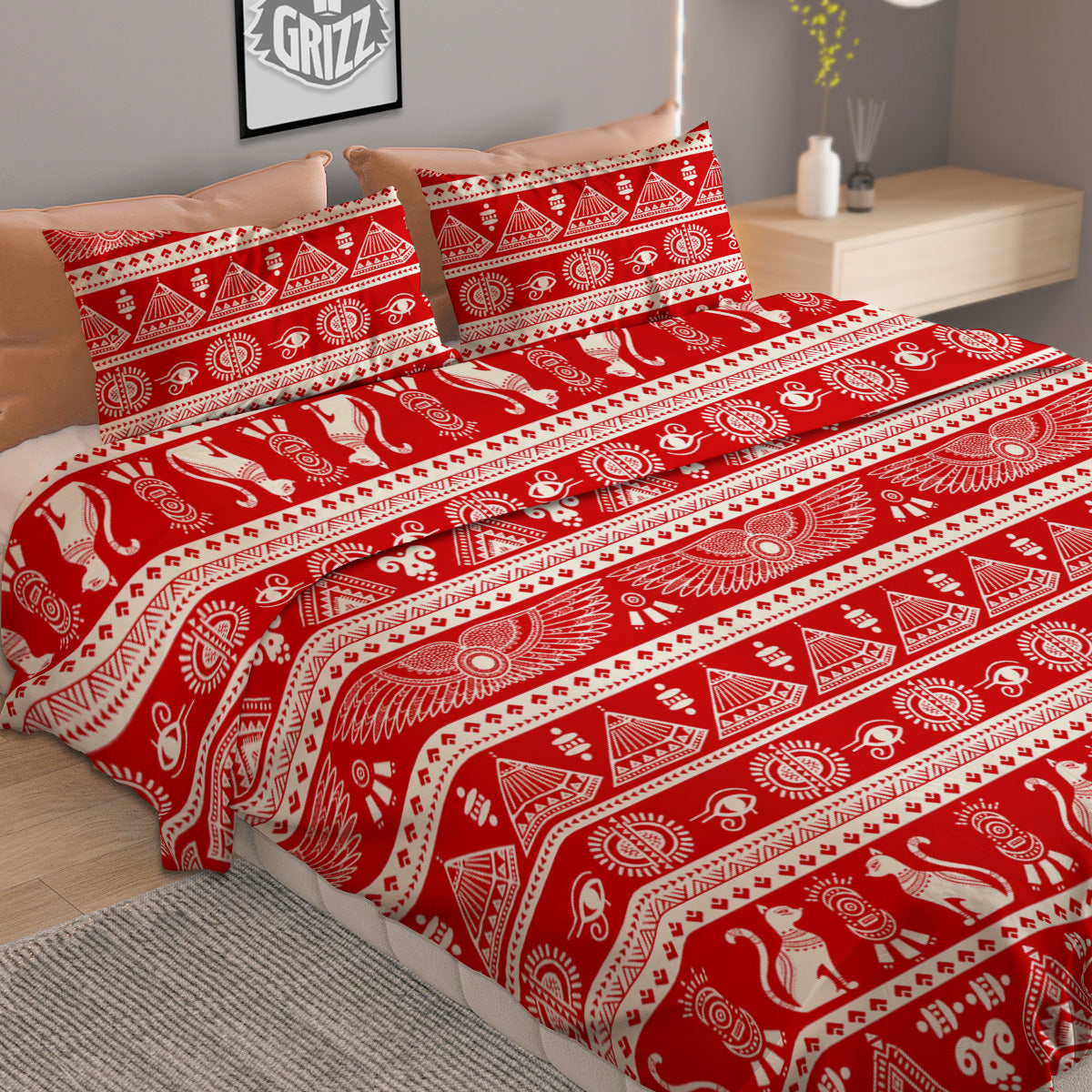 Red Egypt Symbol Print Pattern Duvet Cover Bedding Set