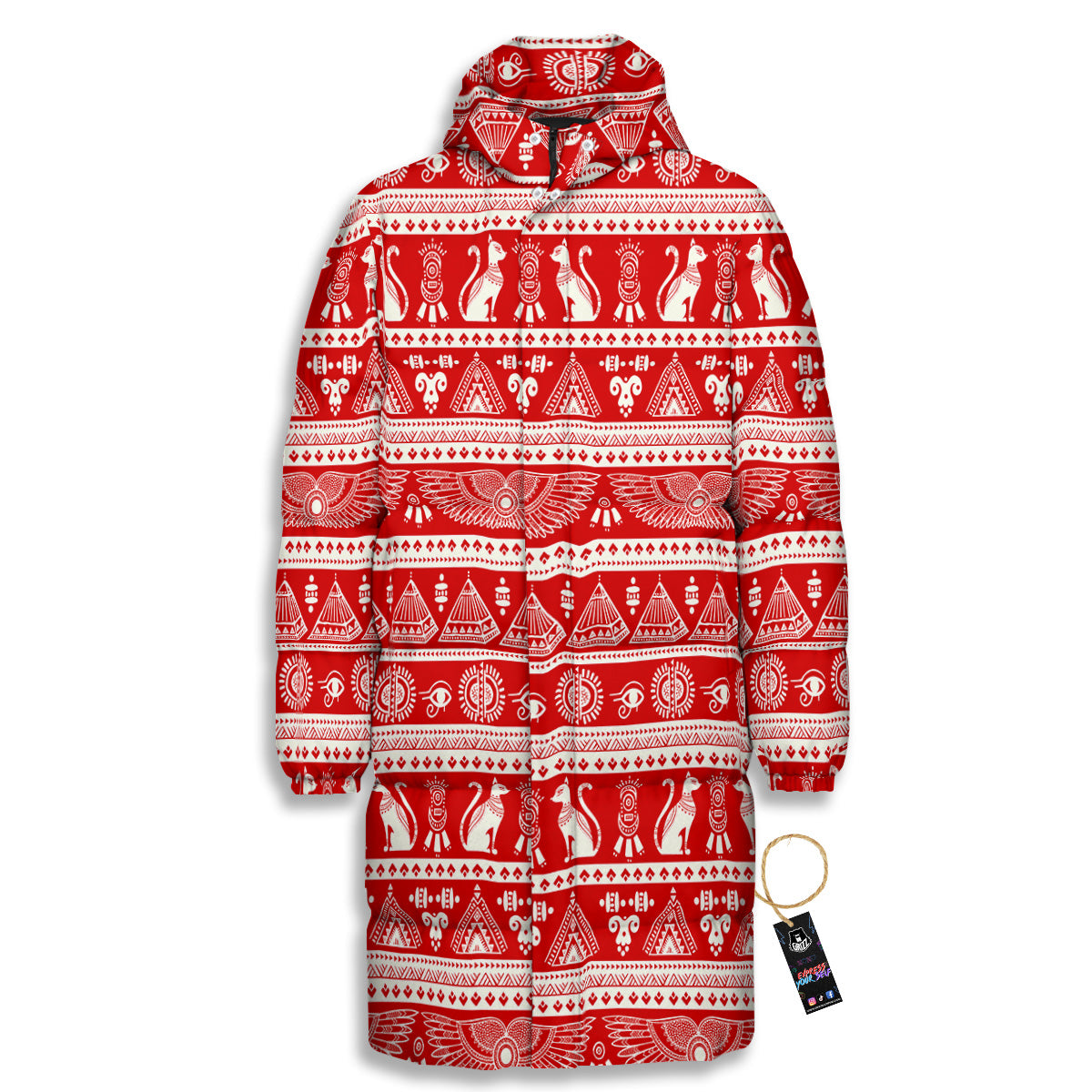 Red Egypt Symbol Print Pattern Long Down Jacket-grizzshop