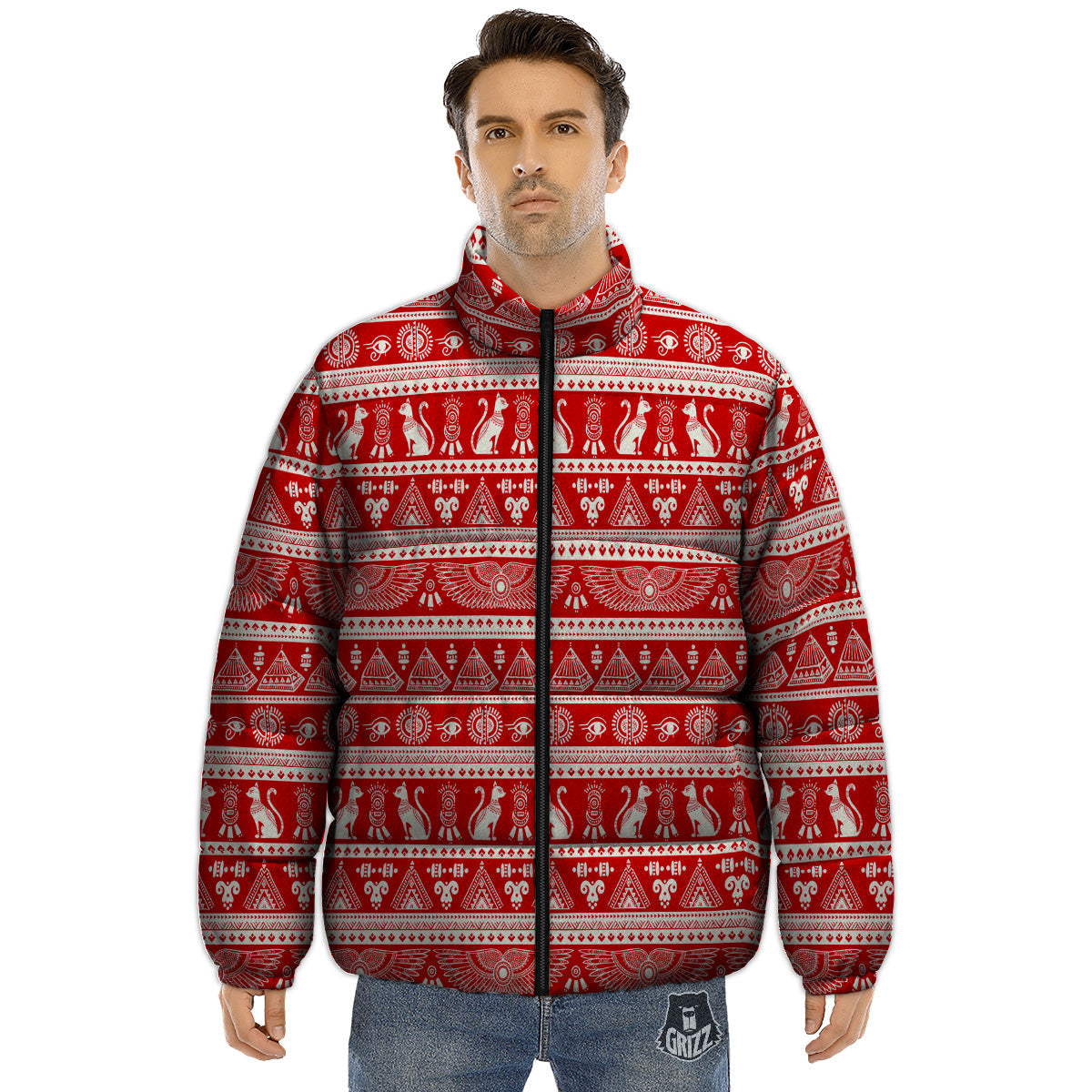 Red Egypt Symbol Print Pattern Puffer Jacket-grizzshop
