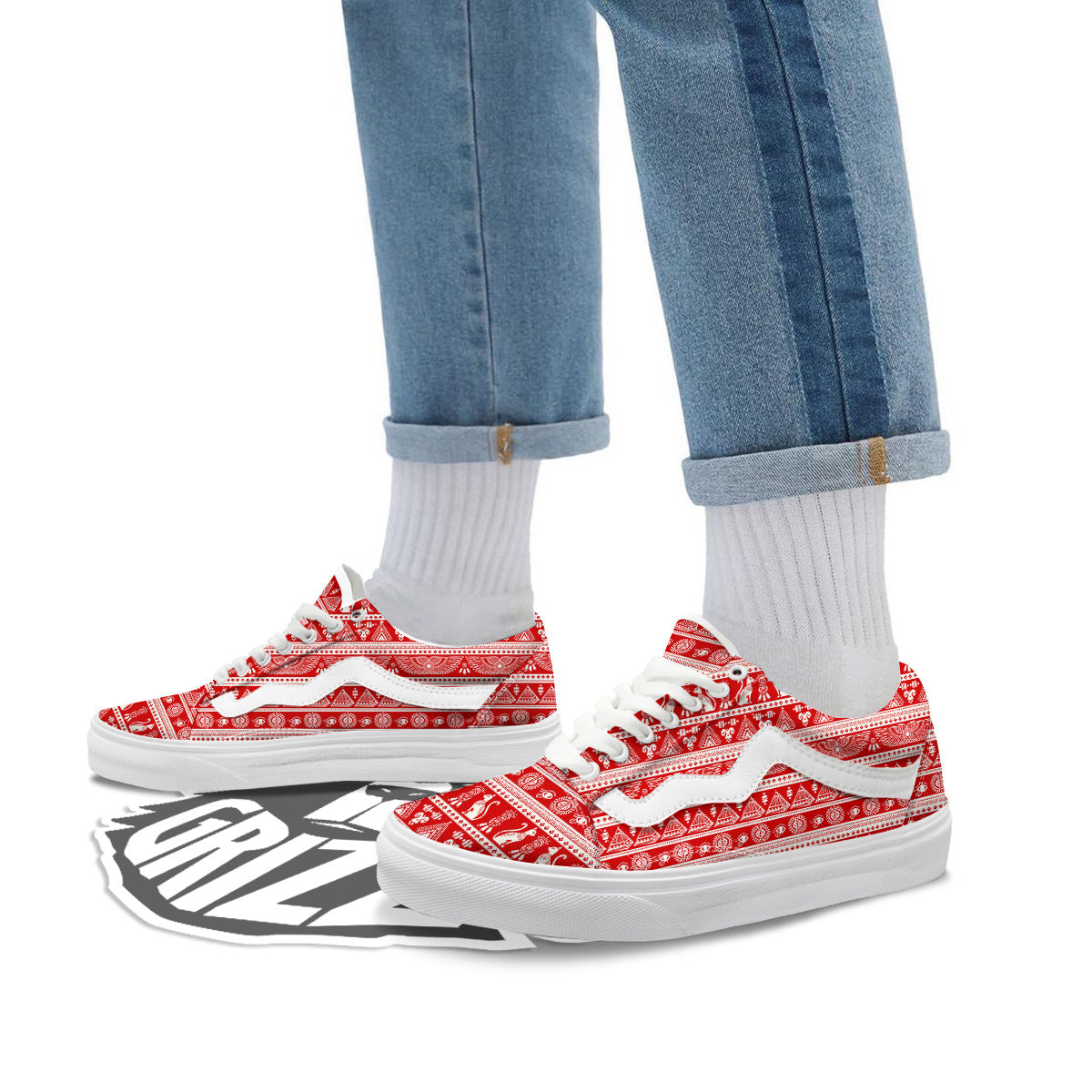 Red Egypt Symbol Print Pattern Skate Shoes-grizzshop