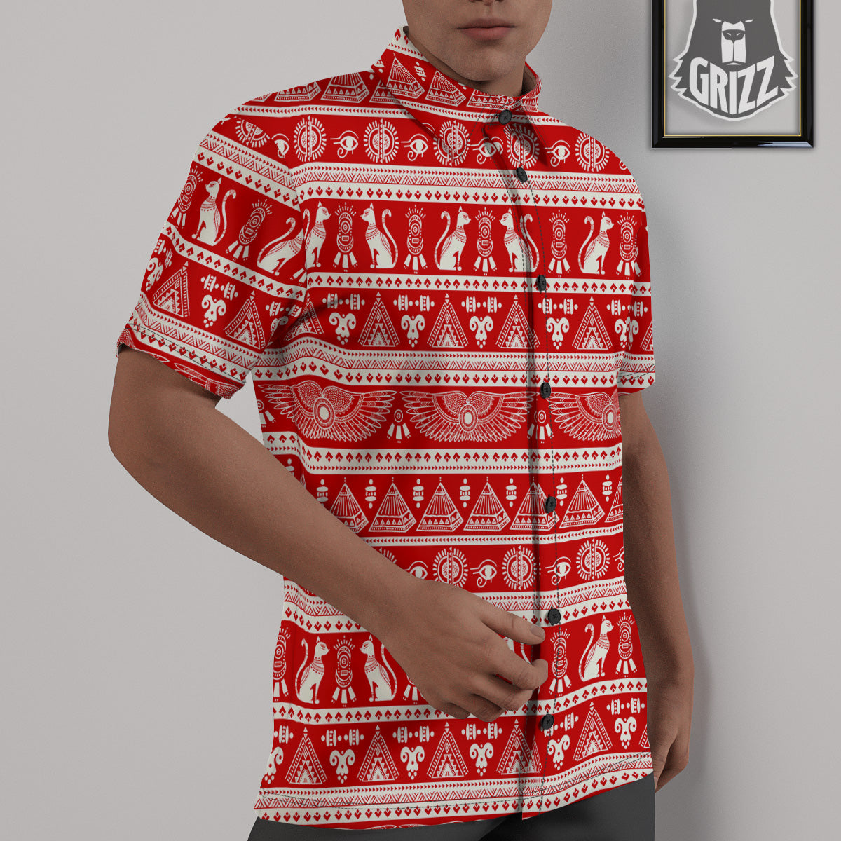 Red Egypt Symbol Print Pattern Untucked Shirts-grizzshop