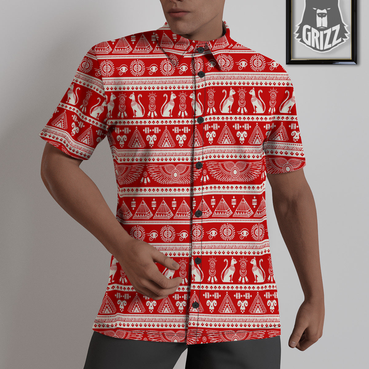 Red Egypt Symbol Print Pattern Untucked Shirts-grizzshop
