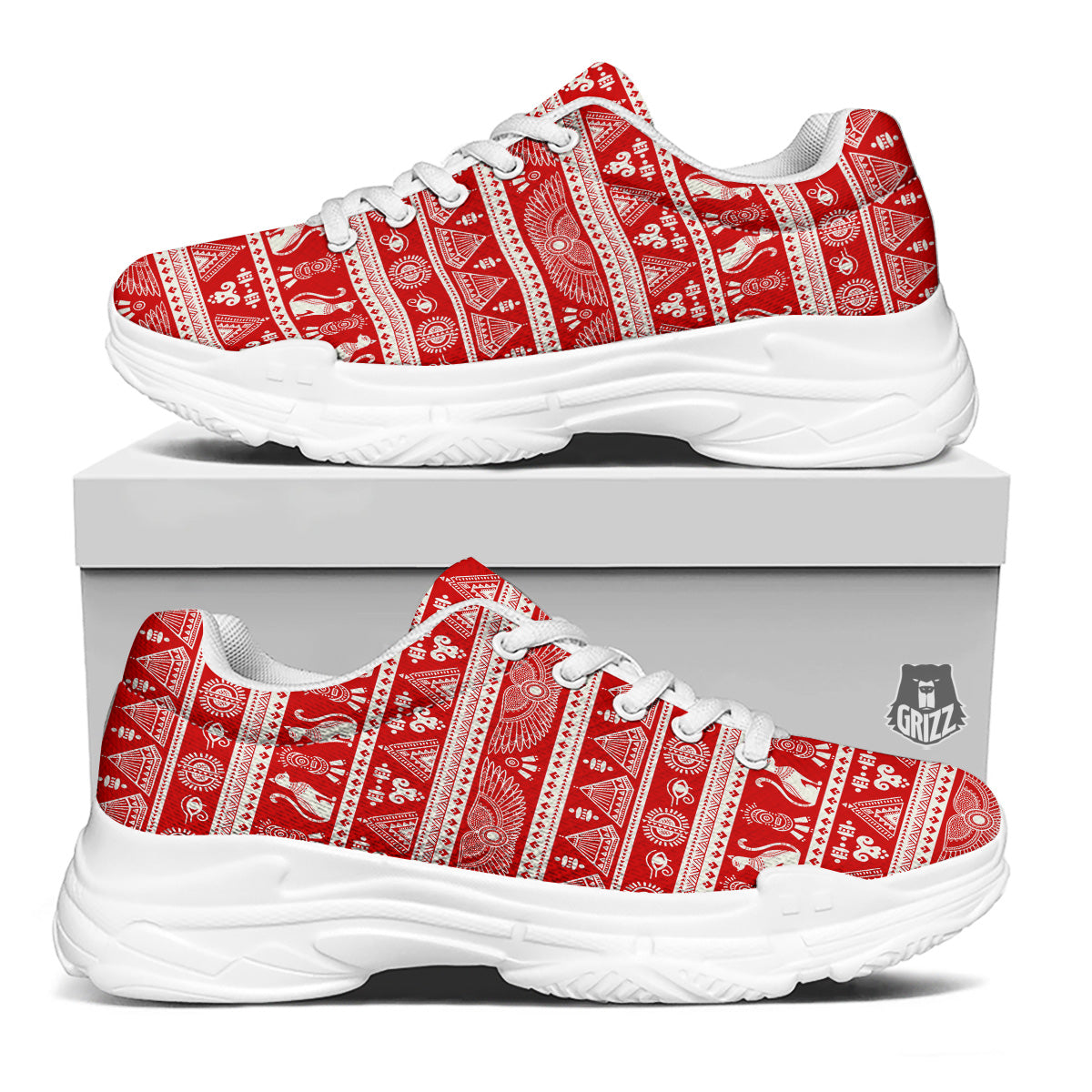 Red Egypt Symbol Print Pattern White Chunky Shoes-grizzshop