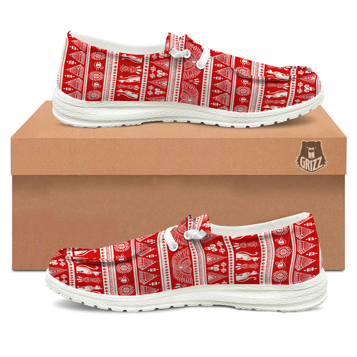 Red Egypt Symbol Print Pattern White Loafers-grizzshop