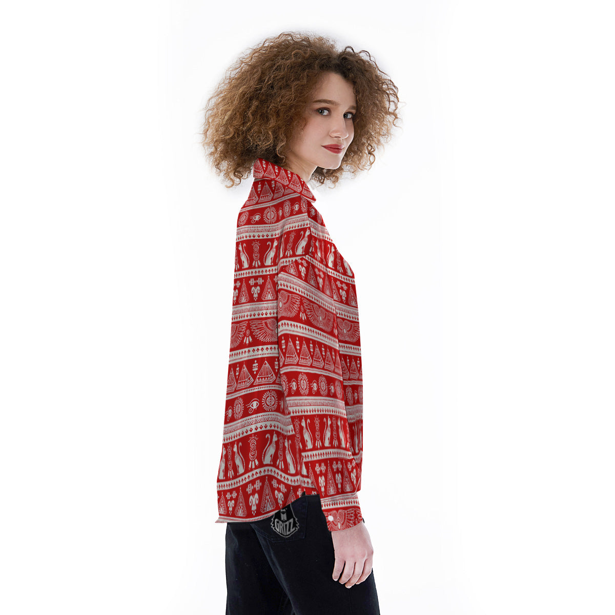 Red Egypt Symbol Print Pattern Women's Long Sleeve Shirts-grizzshop