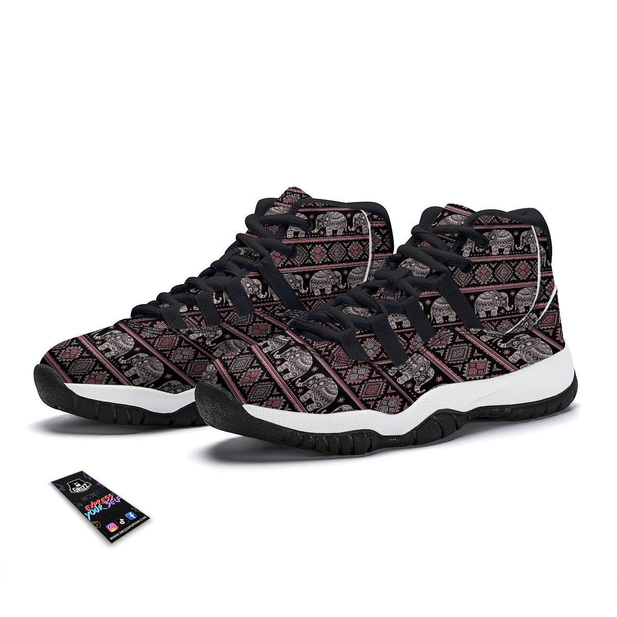 Red Elephant Aztec Pattern Print Black Bball Shoes-grizzshop