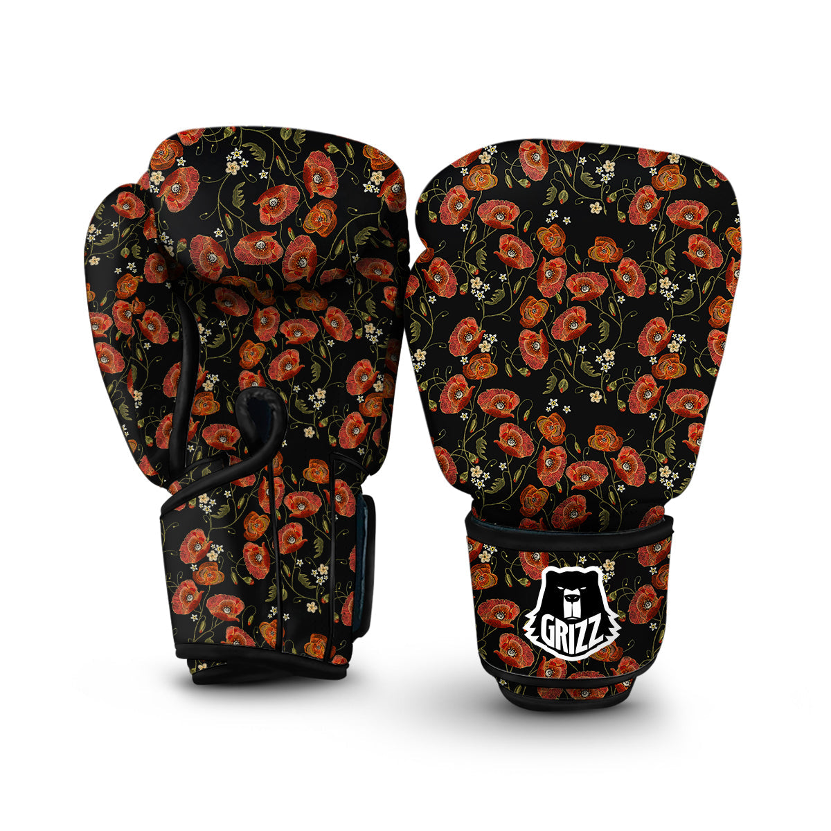 Red Floral Poppy Pattern Print Boxing Gloves-grizzshop