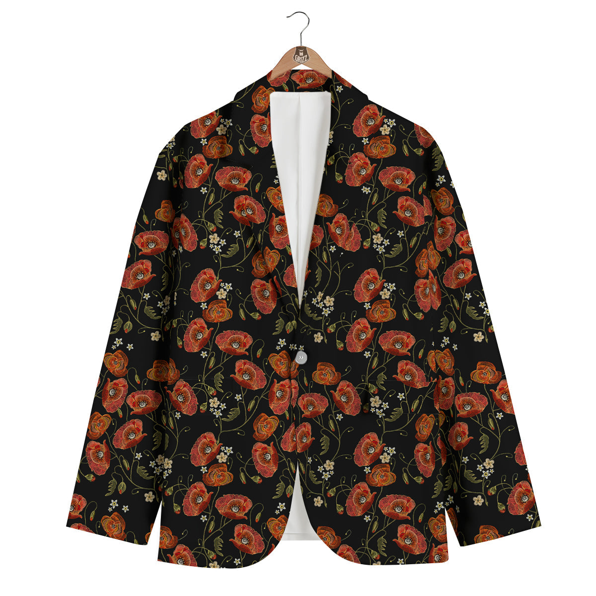 Red Floral Poppy Pattern Print Men's Blazer-grizzshop