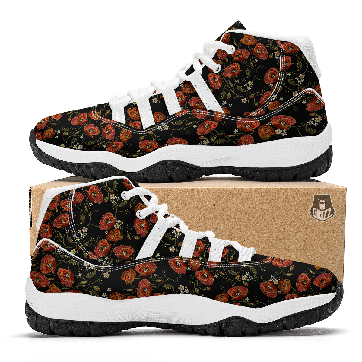 Red Floral Poppy Pattern Print White Bball Shoes-grizzshop