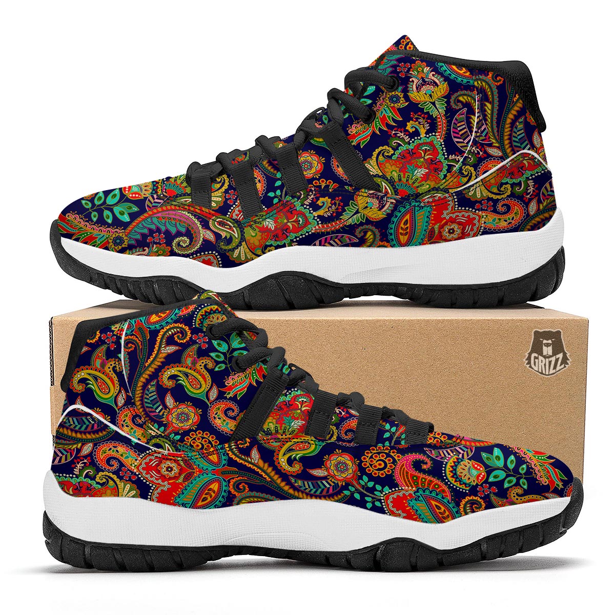 Red Flower Paisley Pattern Print Black Bball Shoes-grizzshop