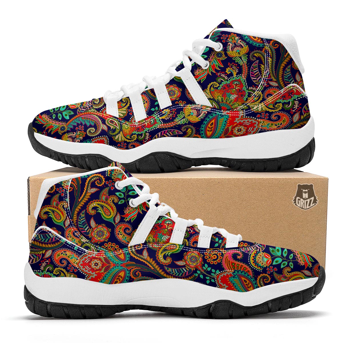 Red Flower Paisley Pattern Print White Bball Shoes-grizzshop