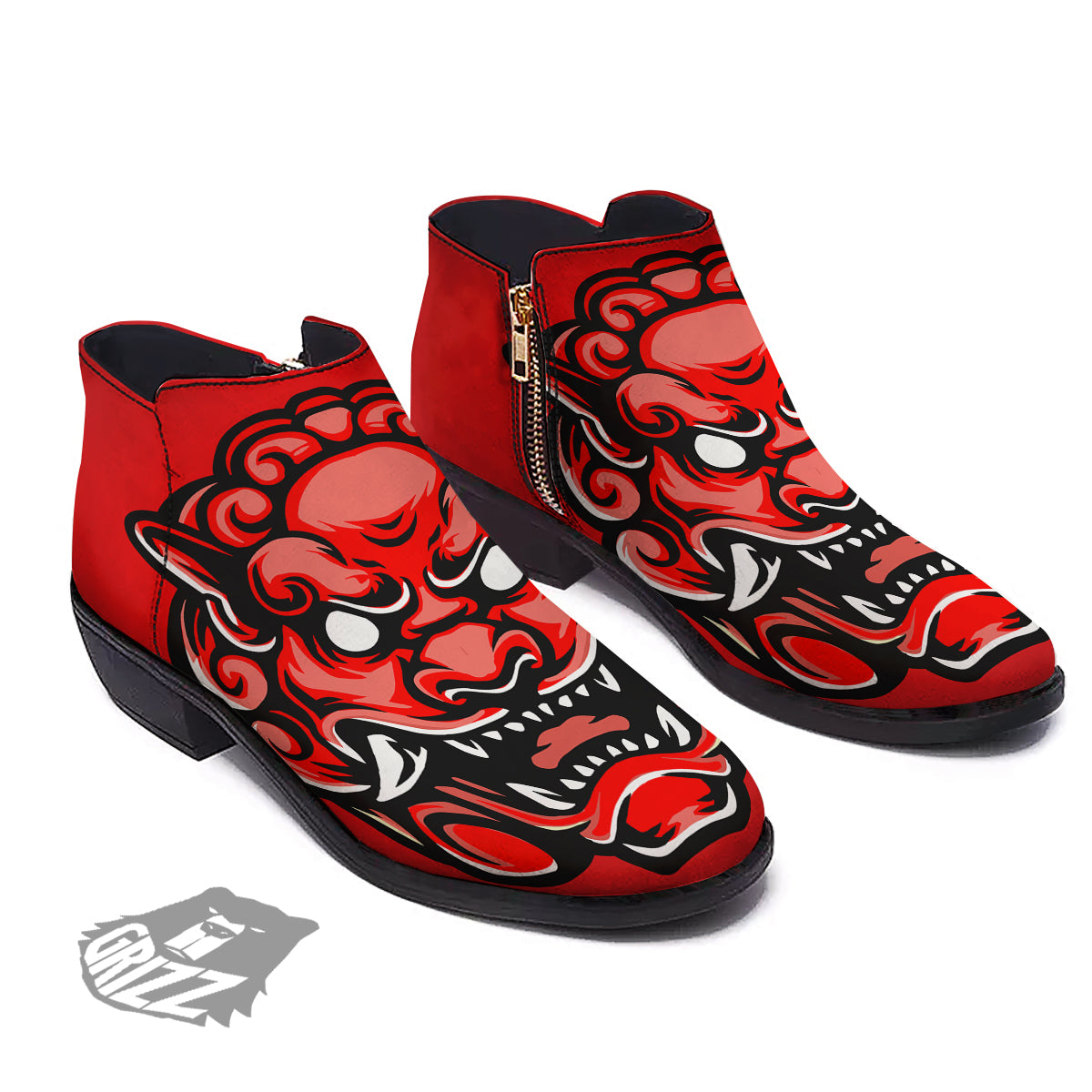 Red Foo Dog Print Ankle Boots-grizzshop