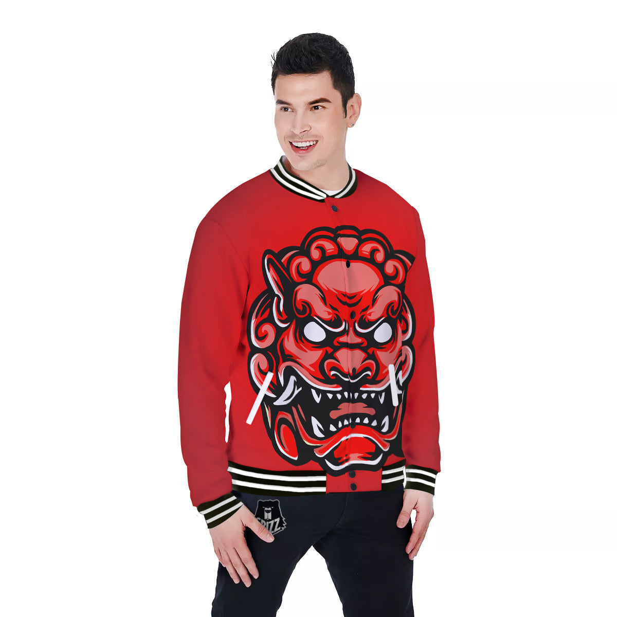 Red Foo Dog Print Baseball Jacket-grizzshop